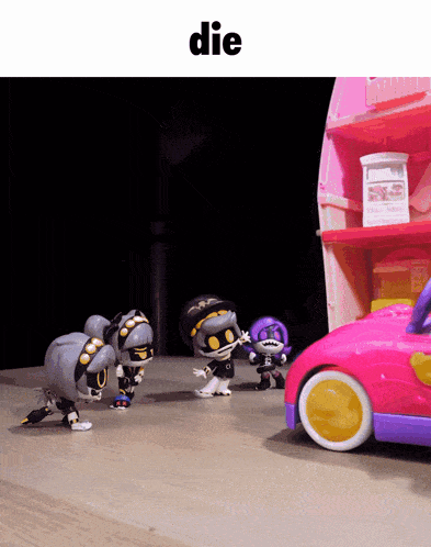 a group of toy figures are standing around a pink car with the word die below them