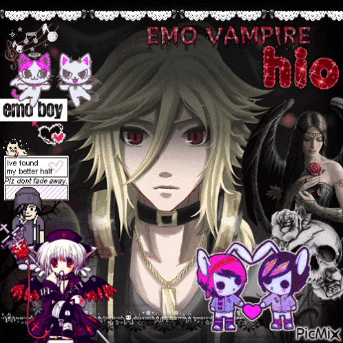 a picture of an emo vampire with skulls and rabbits on it