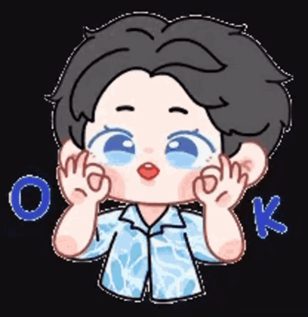 a cartoon of a boy with blue eyes and a blue shirt is making a face .