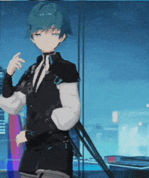 a cartoon character with blue hair is standing in front of a building
