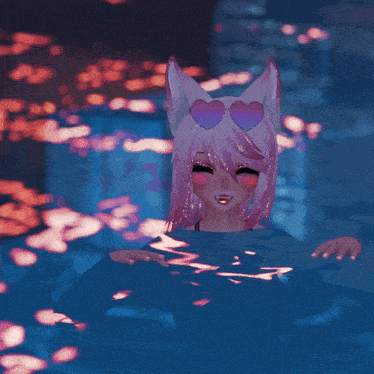 a girl with pink hair and a heart shaped sunglasses on her head