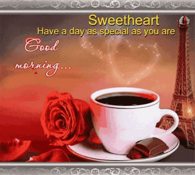 a good morning card with a cup of coffee and a rose