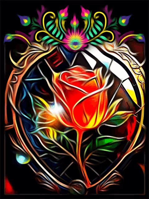 a colorful painting of a red rose in a frame