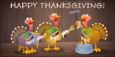 a happy thanksgiving greeting card with turkeys singing and playing instruments