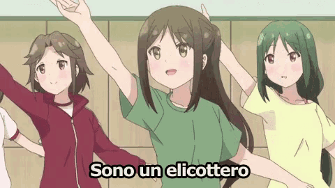 a group of anime girls are dancing with the words sono un elicottero in the corner