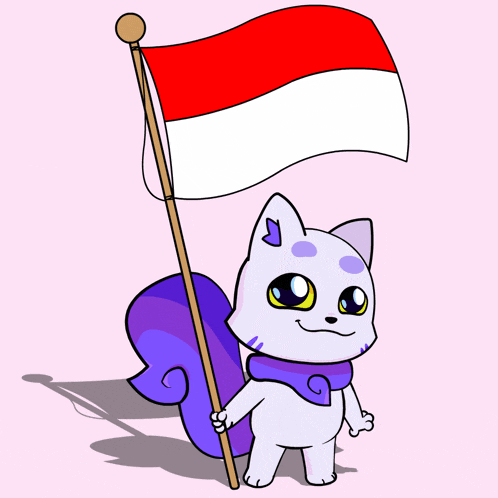 a cartoon cat holding a red white and blue flag