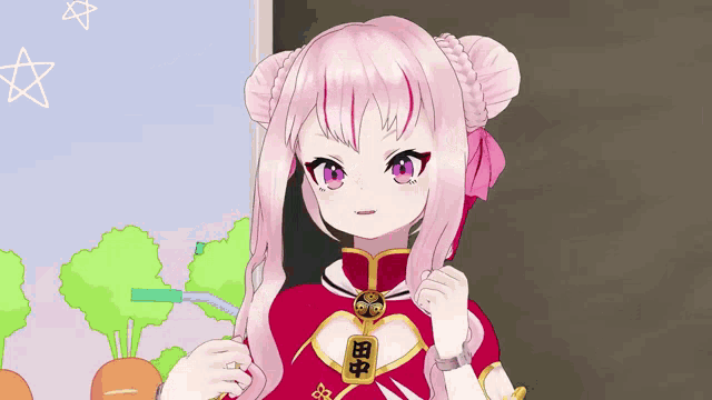a girl with pink hair and purple eyes is holding a carrot in her hand