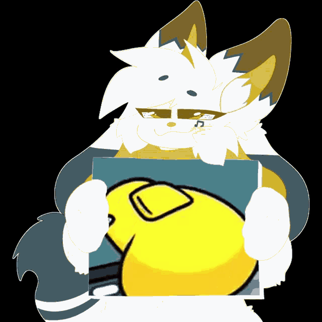 a furry cartoon character holding a picture of a yellow duck