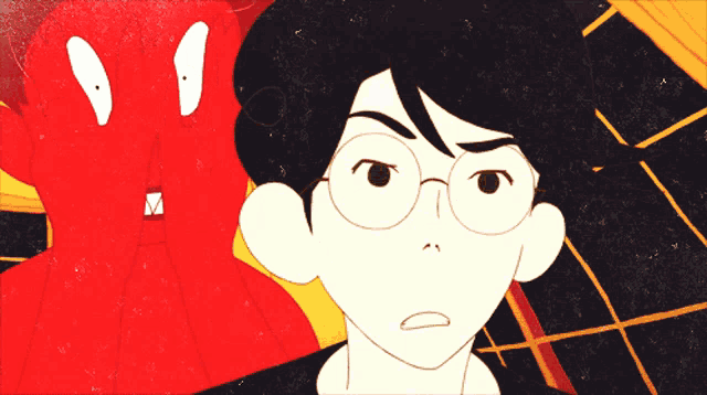 a cartoon drawing of a man with glasses and a red monster in the background