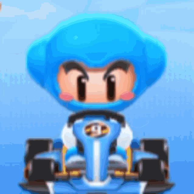 a cartoon character is driving a blue race car with a blue helmet on .