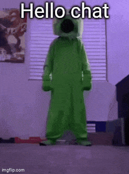 a person in a green costume is standing in front of a window with the words `` hello chat '' written on it .