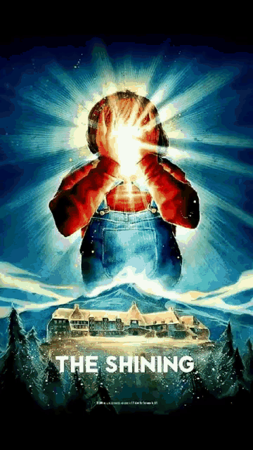 a poster for the movie the shining shows a man holding a light