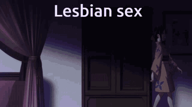 a couple of girls standing in a dark room with the words lesbian sex written above them