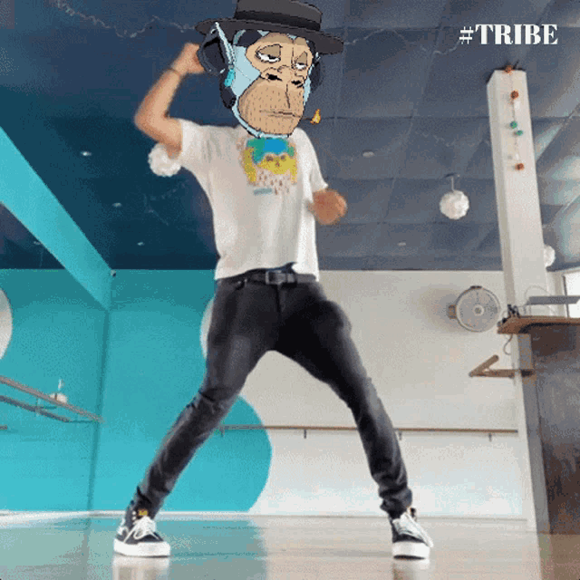 a man wearing a gorilla mask and a hat is dancing in a dance studio
