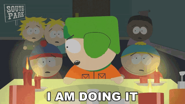 a group of south park characters sitting around a table with candles and a sign that says south park