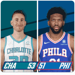 two basketball players one from charlotte and one from philadelphia are standing next to each other