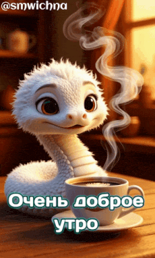 a cartoon snake sits next to a cup of coffee with smoke coming out of it