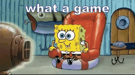 a cartoon of spongebob sitting in a chair with the words what a game behind him
