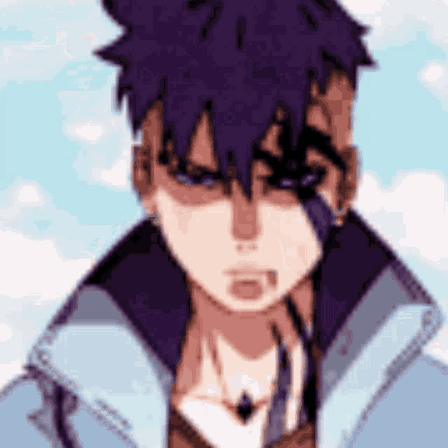 a pixel art drawing of a boy with purple hair and blue eyes .
