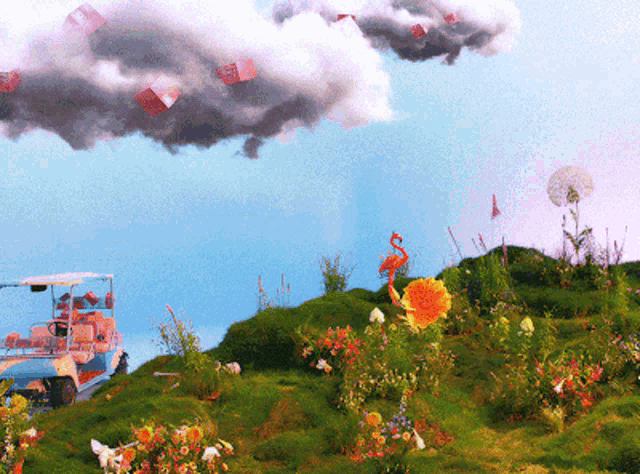 a painting of a flamingo in a field with flowers and boxes in the sky