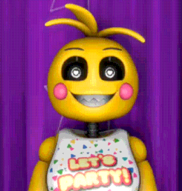 chica from five nights at freddy 's is smiling and wearing a shirt that says let 's party on it .