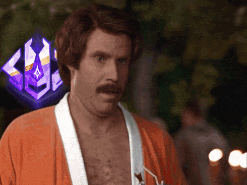 a shirtless man with a mustache is standing in front of a purple cube