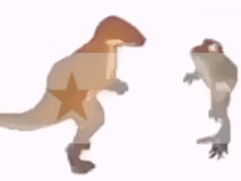 a t-rex and a frog are standing next to each other .