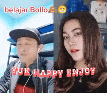 a picture of a man and a woman with the words belajar bollo yuk happy enjoy below them