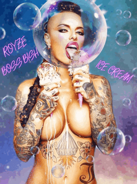 a tattooed woman is eating an ice cream cone with the words royze boss bitch above her