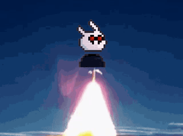 a pixel art of a bunny with red eyes flying through the air
