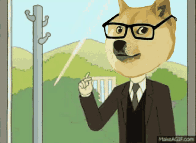 a dog wearing glasses and a suit is pointing