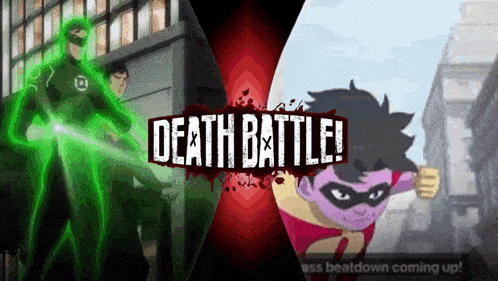 a green lantern and a purple robin are fighting each other in a death battle .