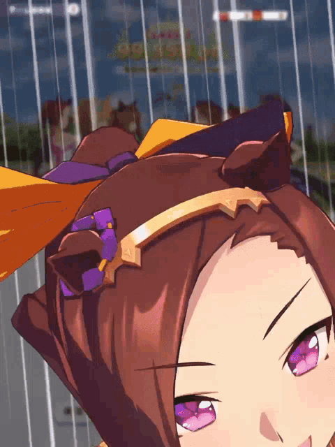 a close up of a cartoon character 's head with a purple eye