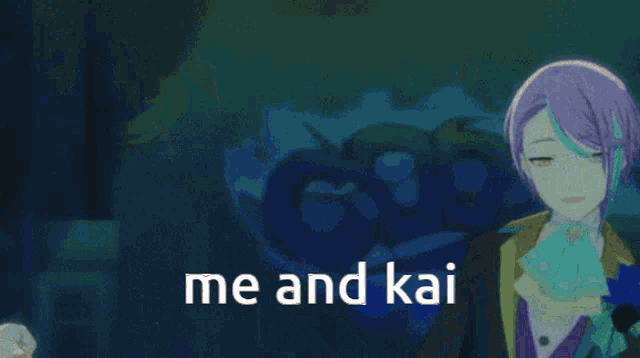 a couple of anime characters standing next to each other with the words me and kai on the bottom right