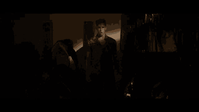a man in a plaid shirt is standing in the dark in a dark room .