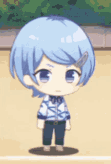 a cartoon character with blue hair and purple eyes is standing in a field .