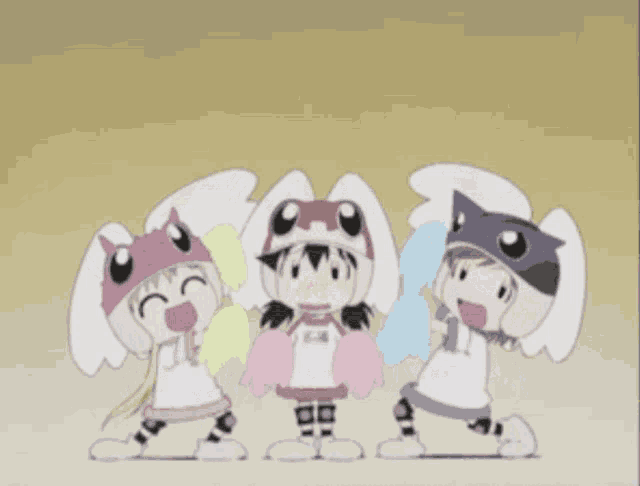 three cartoon characters are standing next to each other with one wearing a cat hat