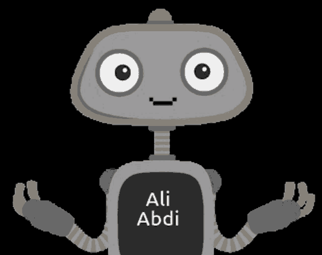 a cartoon robot with the name ali abdi written on it