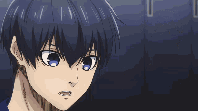 two anime characters are looking at each other and one has blue eyes