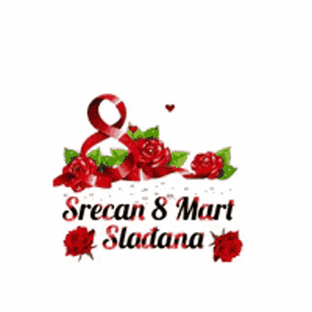 a greeting card for women 's day with roses and a red ribbon