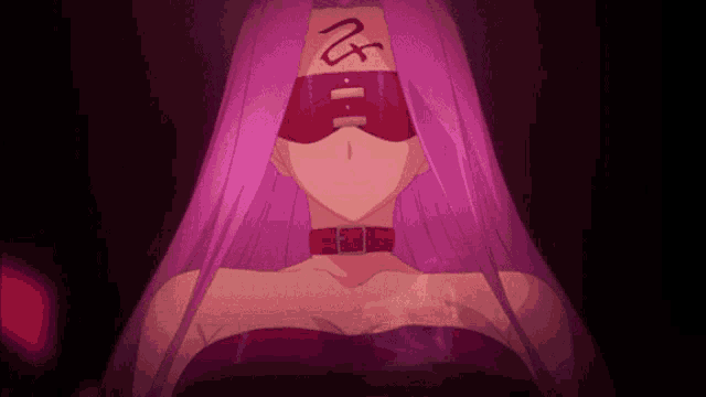 a woman with purple hair and a choker has a symbol on her face