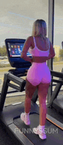 a woman is walking on a treadmill in a gym with funnysum written on the bottom of the screen .