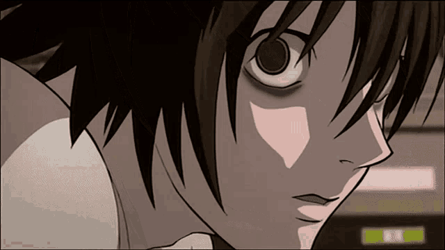 a close up of a person 's face with the word l on the bottom left