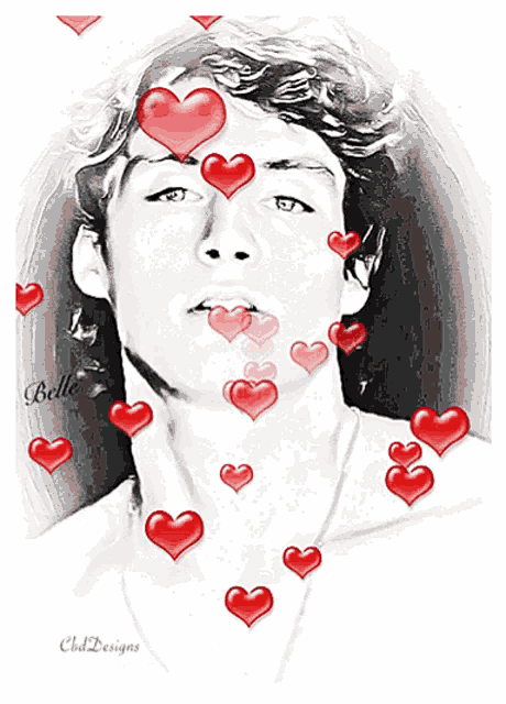 a black and white drawing of a man with red hearts around his face and neck