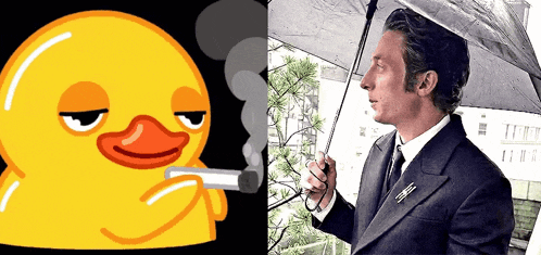 a man in a suit holds an umbrella next to a duck smoking a cigarette
