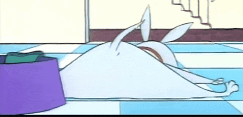a cartoon of a rabbit laying on the floor with a purple box in the background .