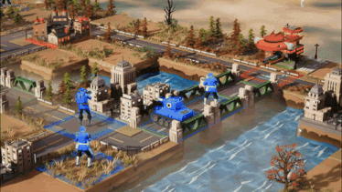 a video game scene with a blue tank crossing a river