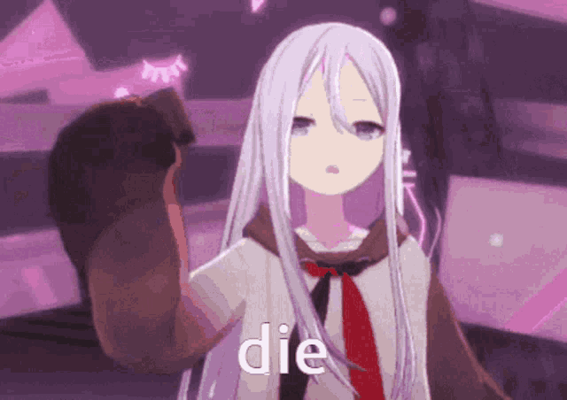 a girl with long white hair is wearing a brown jacket and a red tie and says die