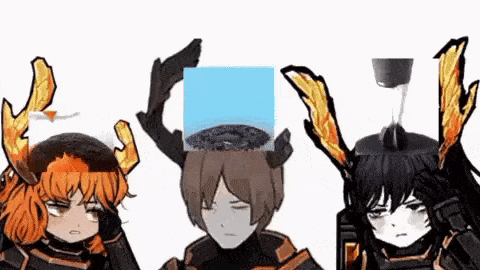 a group of three anime characters standing next to each other with a box on their head .