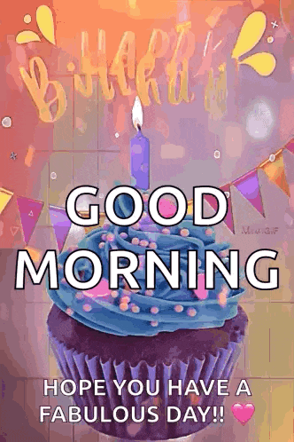 a birthday cupcake with a candle on it and the words `` good morning hope you have a fabulous day '' .
